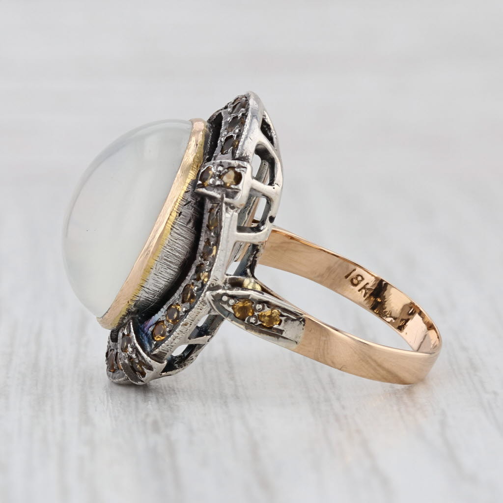 Vintage Cats Eye Moonstone Cabochon Citrine Halo Ring 18k Gold Silver Size 7.25