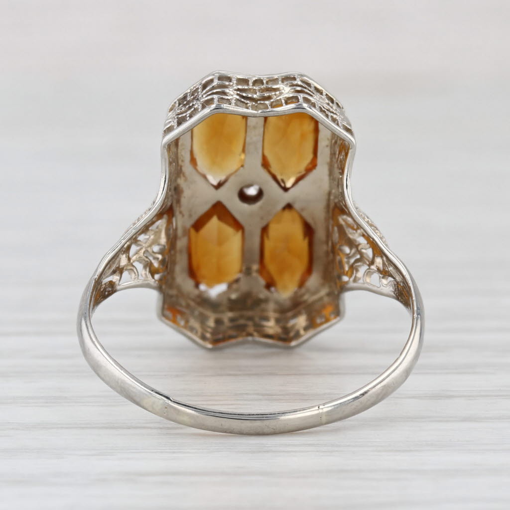 Vintage Art Deco 2.30ctw Citrine Diamond Filigree Ring 14k White Gold Size 10