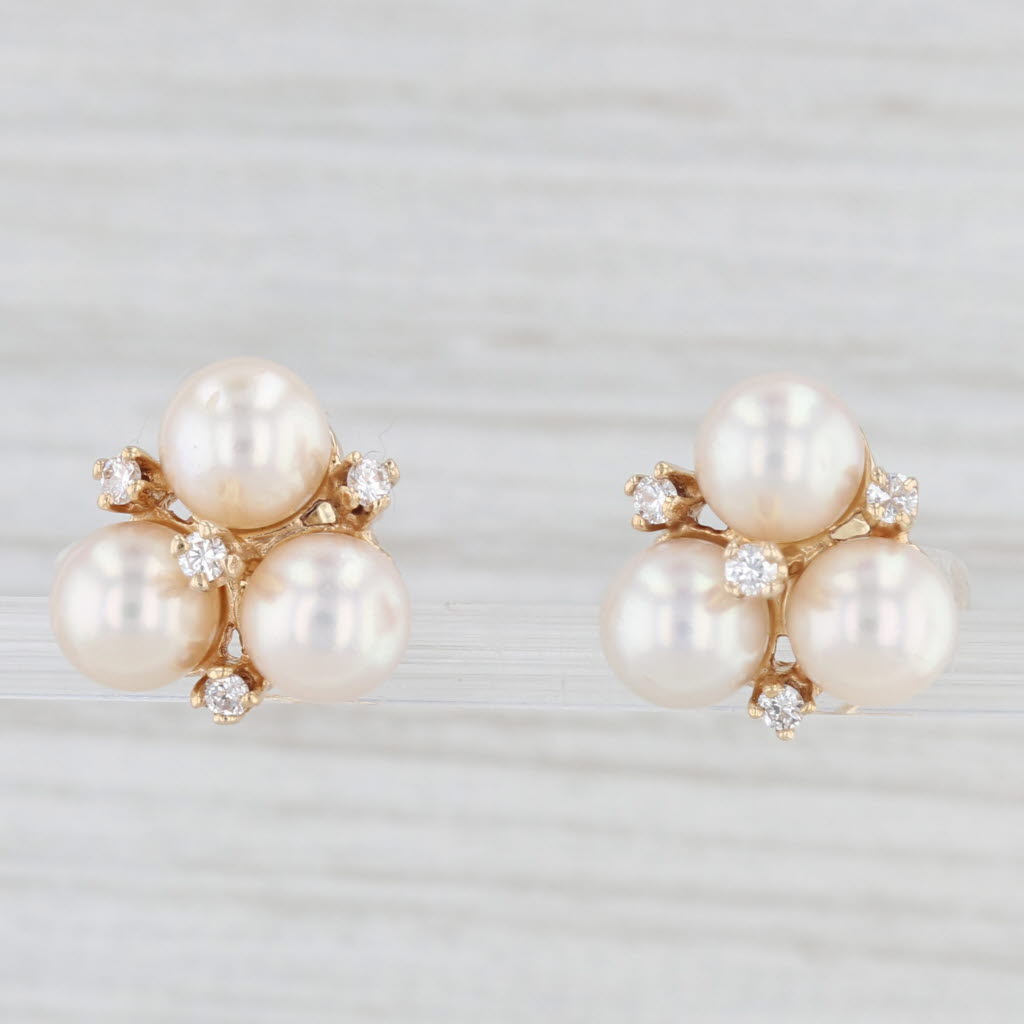 Light Gray Cultured Pearl Cubic Zirconia Cluster Stud Earrings 14k Yellow Gold