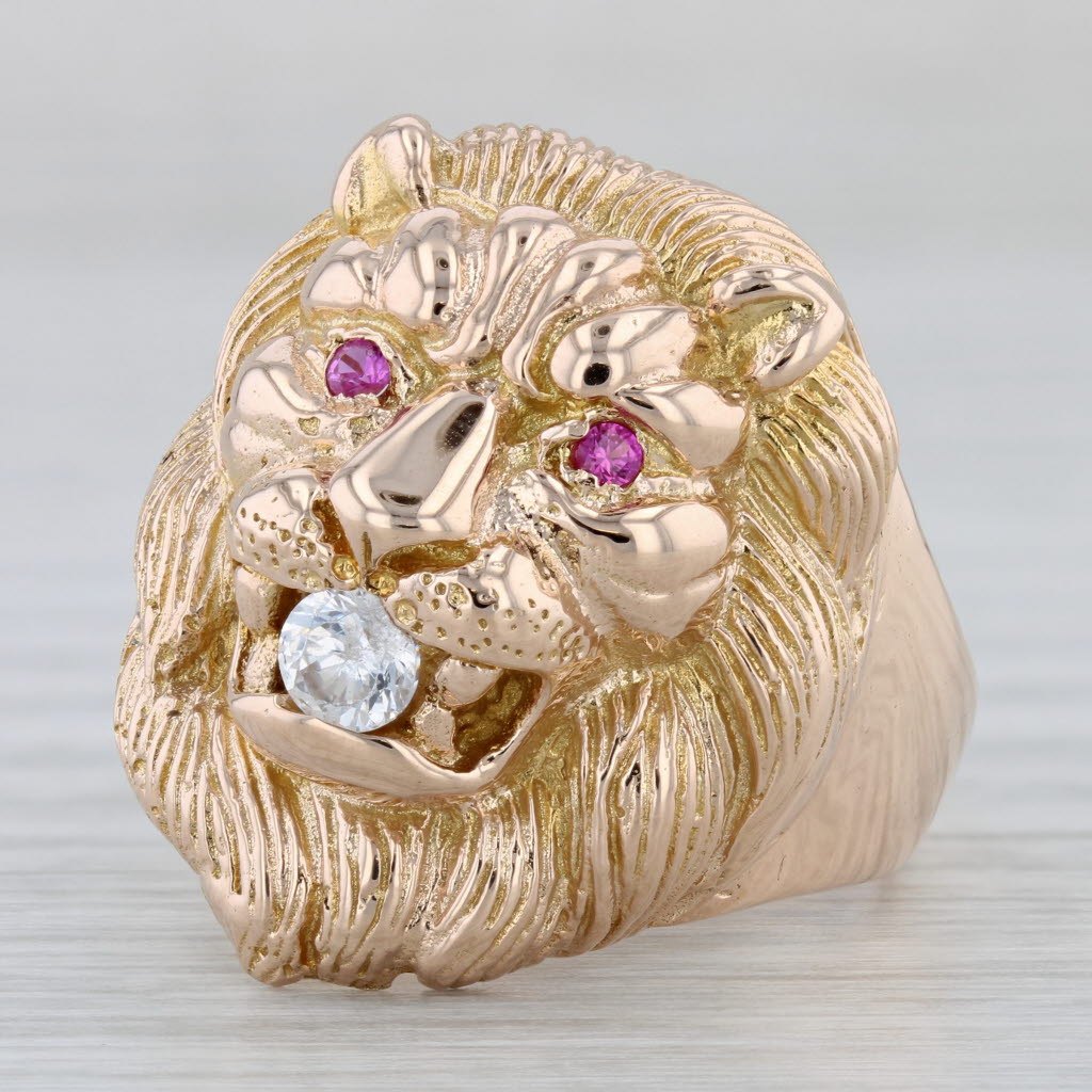 Gray Cubic Zirconia Lab Created Ruby Lion Ring 10k Yellow Gold Size 11.25 Men's