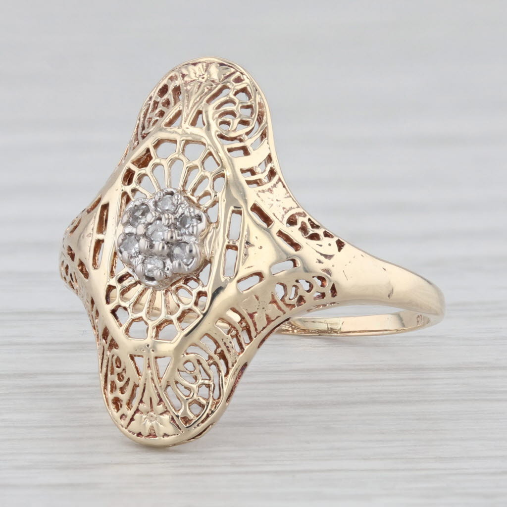 Light Gray Vintage Art Deco Diamond Filigree Ring 10k Yellow Gold Size 8
