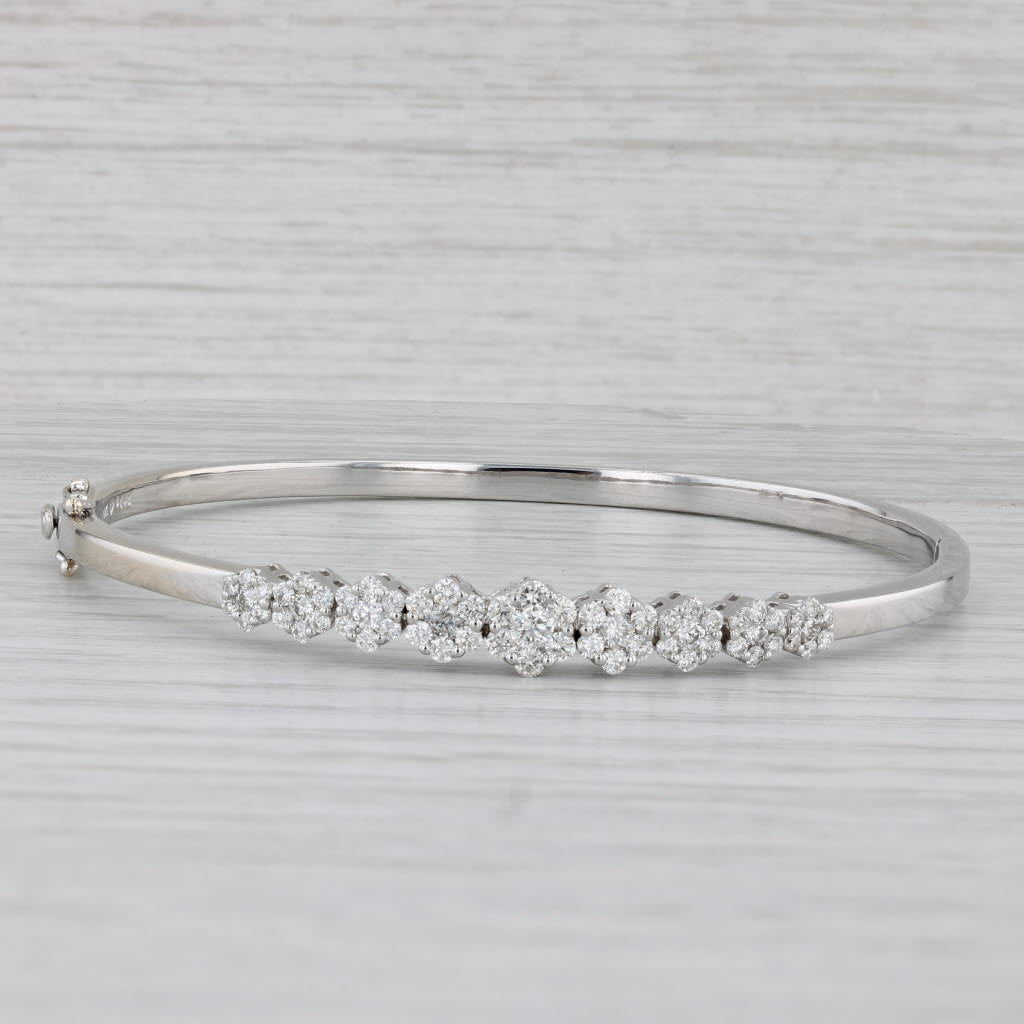 Gray 1.48ctw Diamond Flower Clusters Bangle Bracelet 14k White Gold 7"