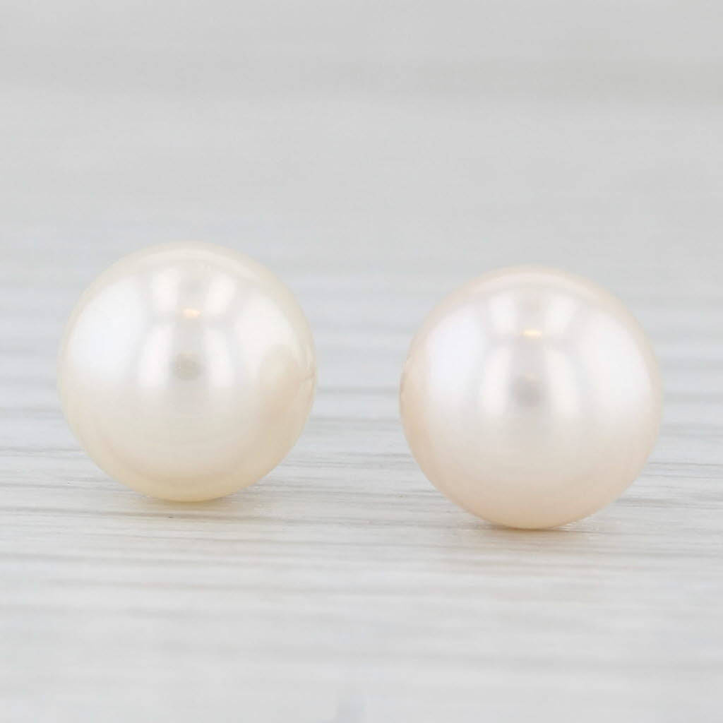 Light Gray Cultured Pearl Solitaire Stud Earrings 14k White Gold 9.1mm Round Beads