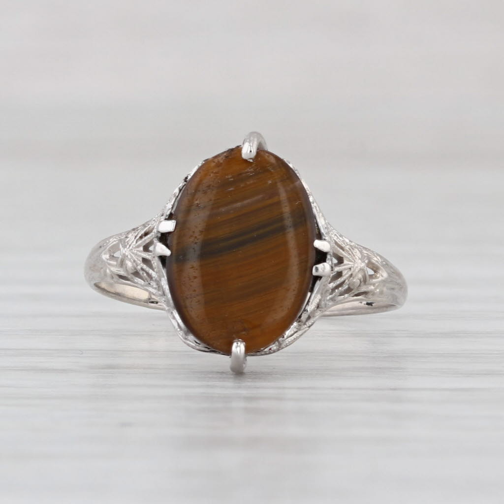 Vintage Tiger's Eye Filigree Ring 14k White Gold Size 6.25