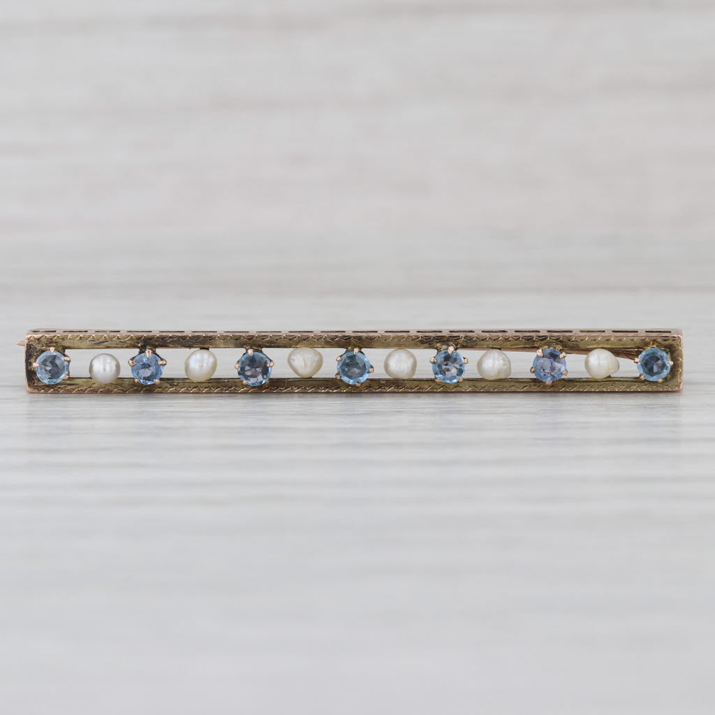 0.56ctw Blue Sapphire Seed Pearl Bar Pin 10k Yellow Gold Vintage Brooch