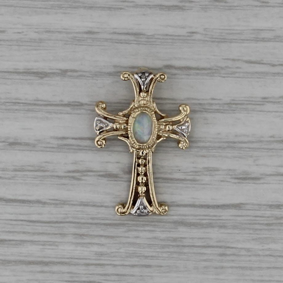 Opal Diamond Cross Pendant 10k Yellow White Gold Small Drop