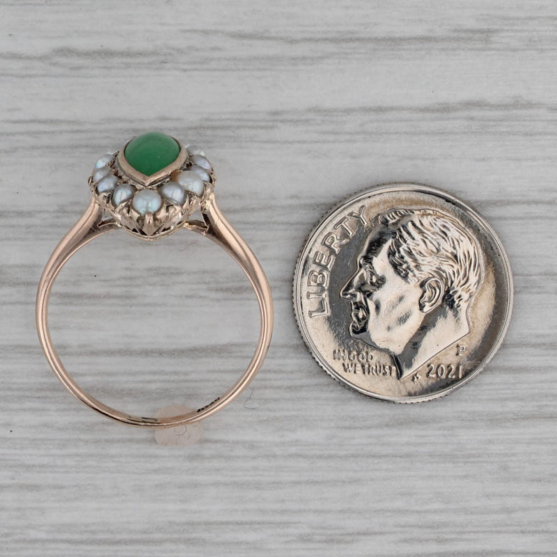 Vintage Green Jadeite Jade Pearl Halo Ring 10k Yellow Gold Size 6