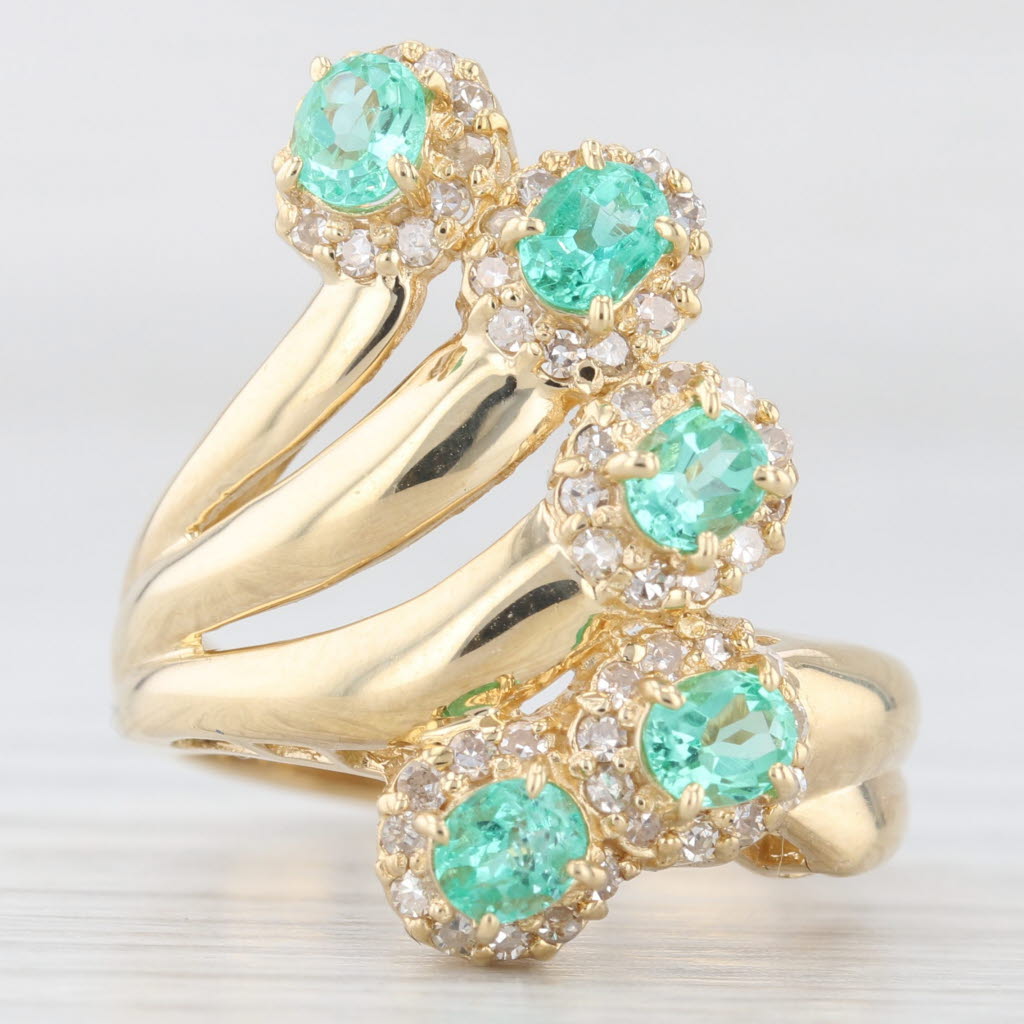 Light Gray 1.24ctw Emerald Diamond Fan Spray Ring 18k Yellow Gold Cocktail Size 6.5