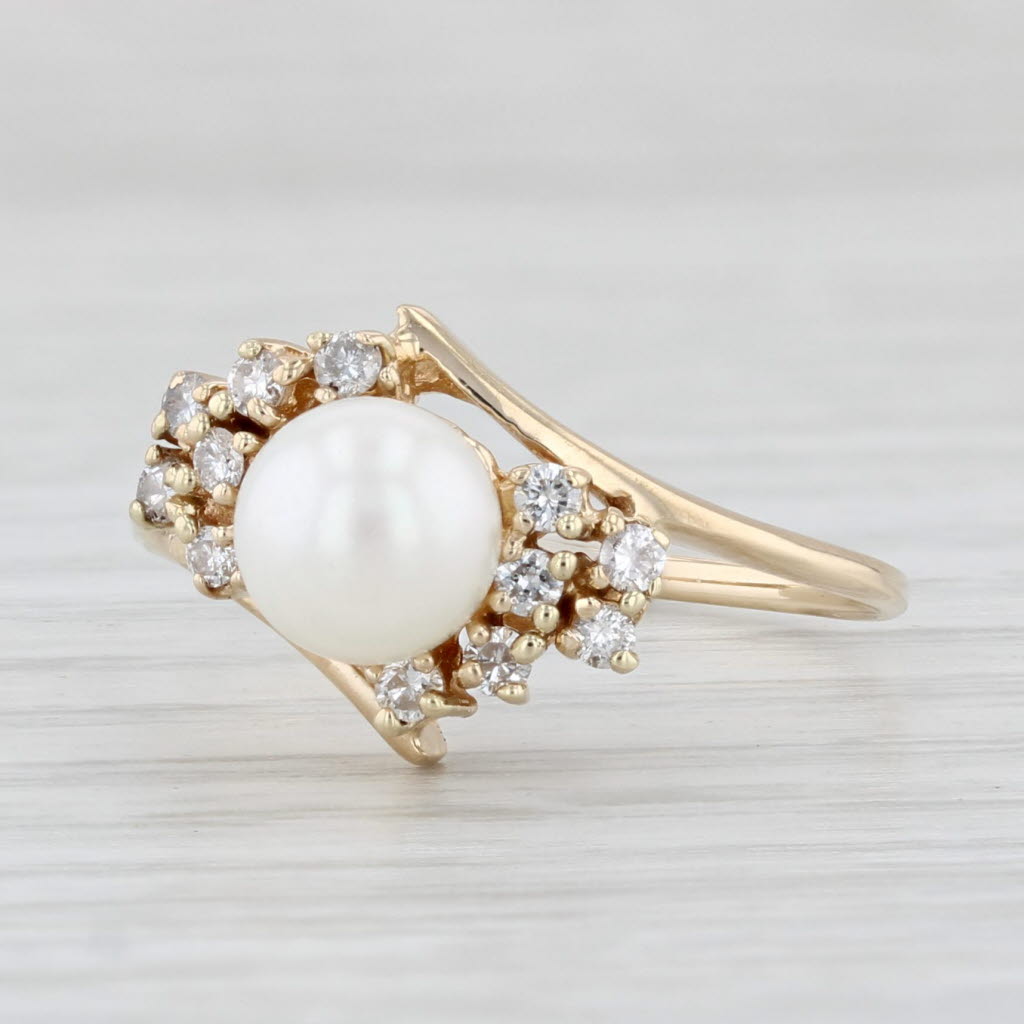 Light Gray Cultured Pearl Diamond Ring 14k Yellow Gold Size 6.5 Bypass