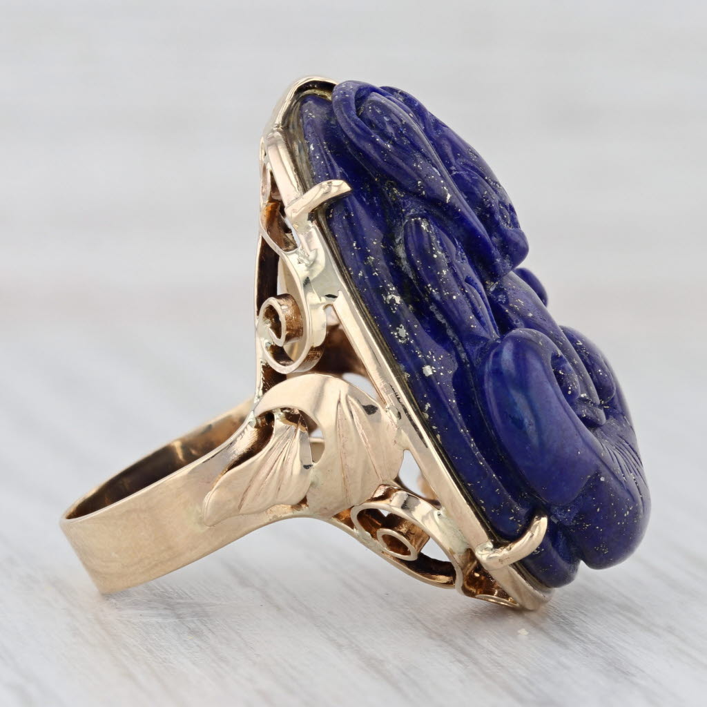 Light Gray Figural Carved Lapis Lazuli Ring 14k Gold Thai Fire god Asian deity Size 7.5