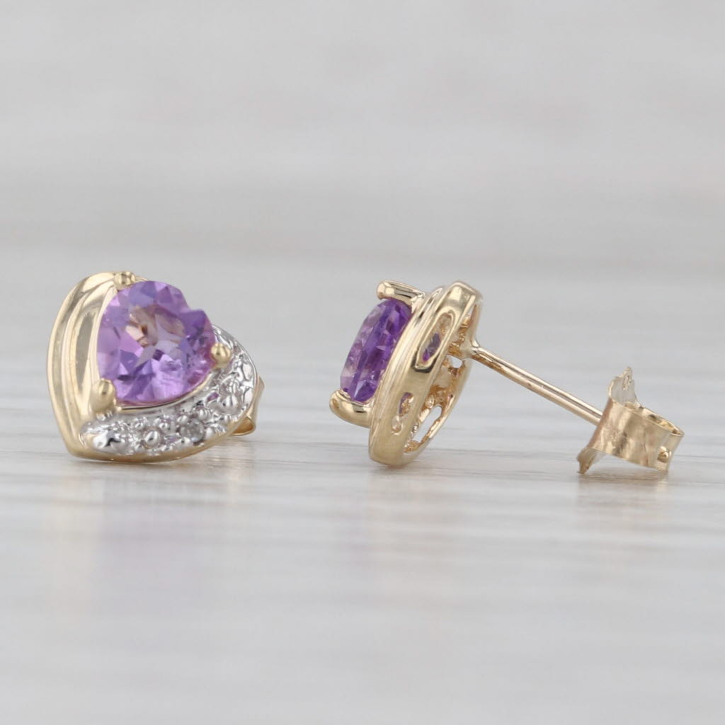 Gray 0.78ctw Amethyst Heart Stud Earrings 10k Yellow Gold Diamond Accents
