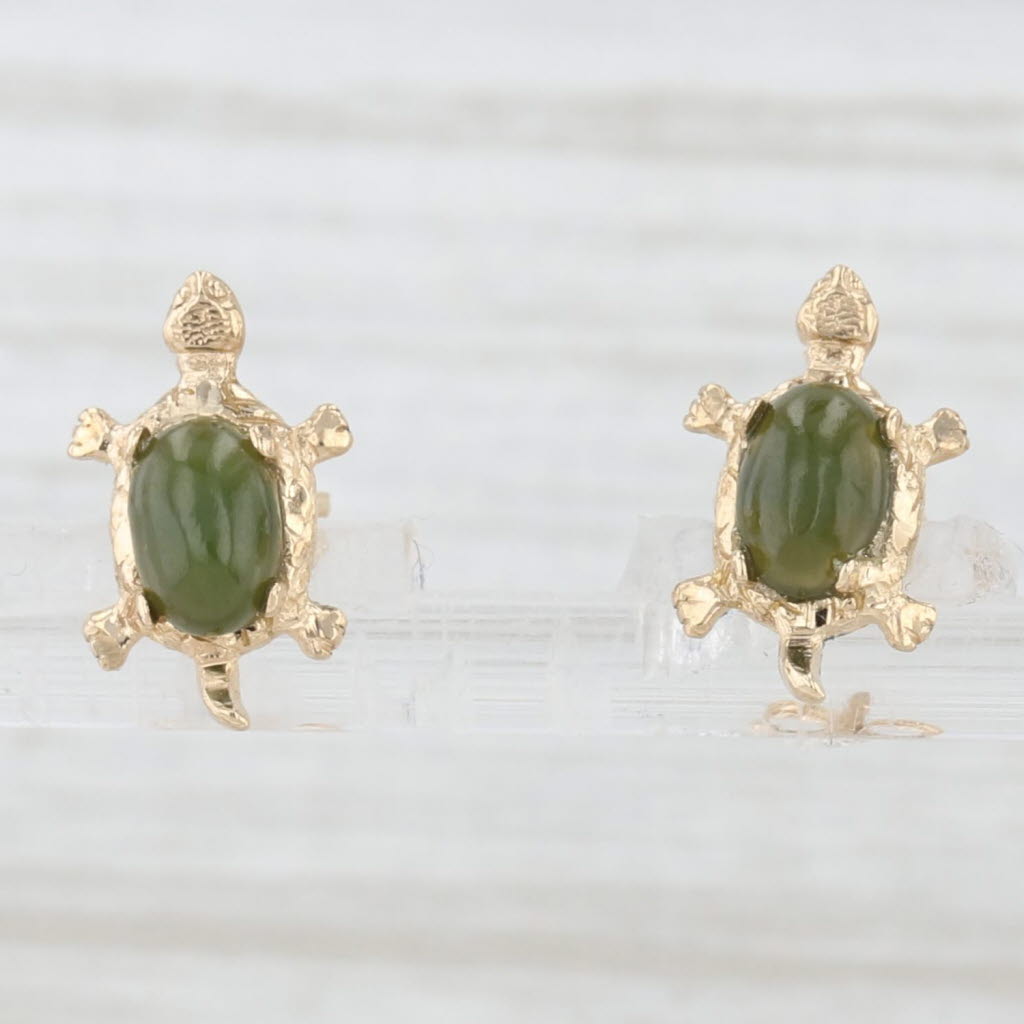 Light Gray Green Nephrite Jade Turtle Stud Earrings 14k Yellow Gold Oval Cabochons
