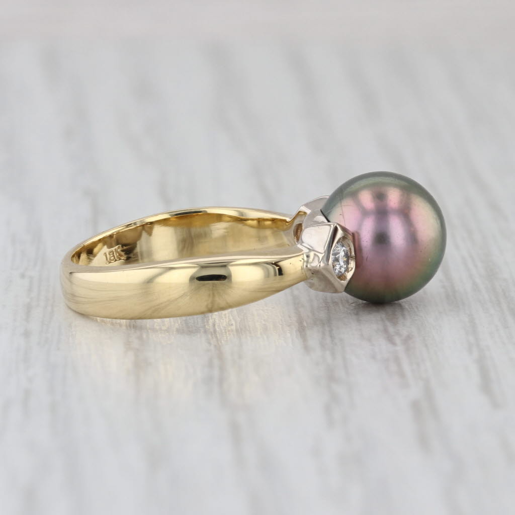Black Cultured Pearl Diamond Ring 18k Yellow White Gold Size 6