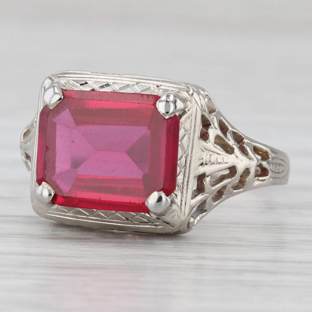 Light Gray Vintage 3.45ct Lab Created Ruby Solitaire Ring 14k White Gold Size 8
