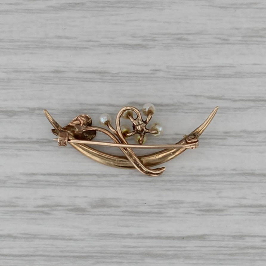 Antique Seed Pearl Glass Flower Crescent Pin 10k Yellow Gold Ornate Engraved