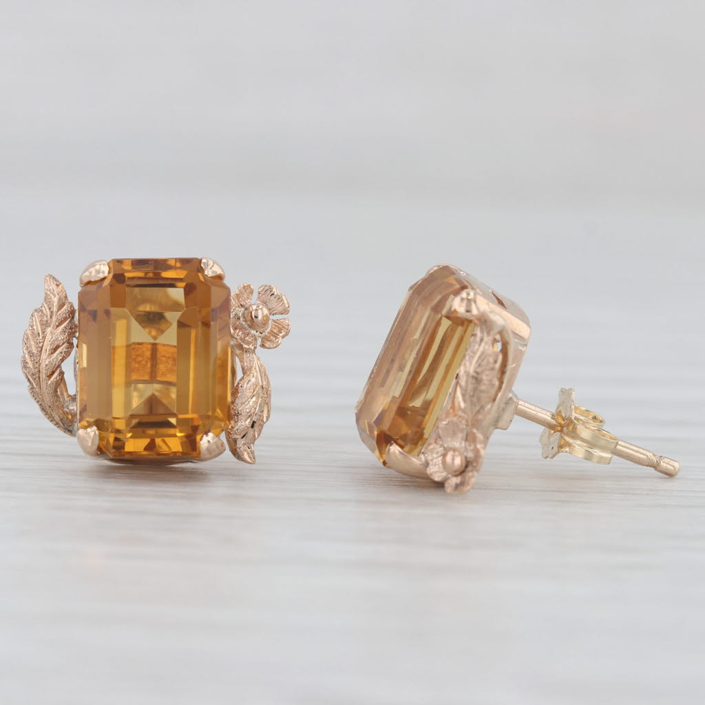 Light Gray 7.35ctw Citrine Floral Stud Earrings 10k Yellow Gold Pierced Vintage