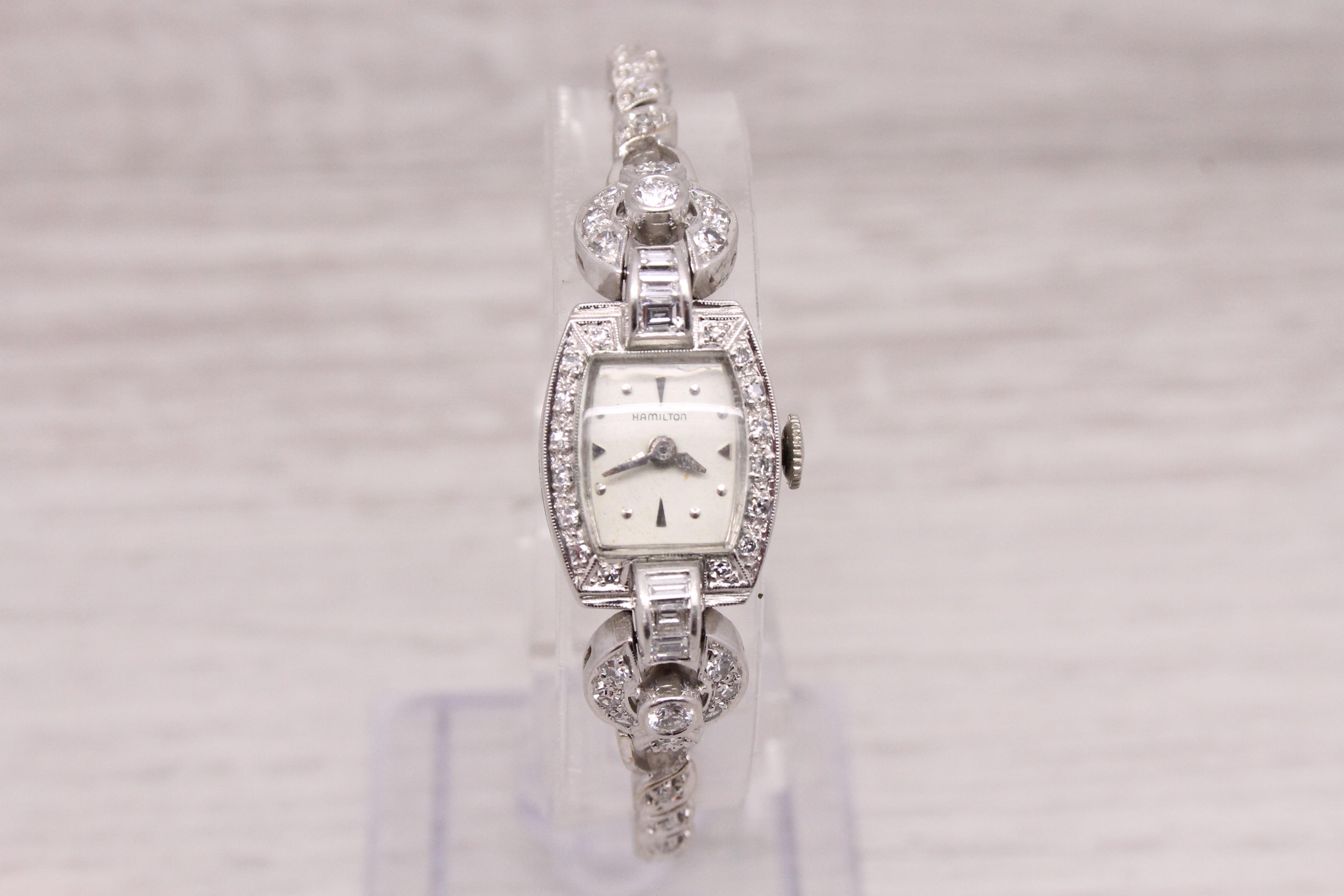 Gray Vintage c.1950's Hamilton Ladies 14k & Platinum Diamond Watch 1.19ctw SERVICED