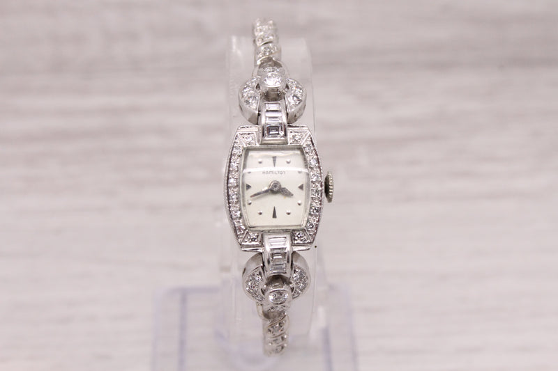 Vintage c.1950's Hamilton Ladies 14k & Platinum Diamond Watch 1.19ctw SERVICED