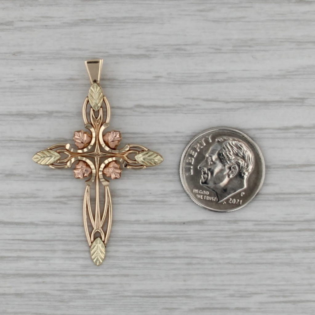 Floral Cross Pendant 10k Yellow Rose Green Black Hills Gold Coleman Co