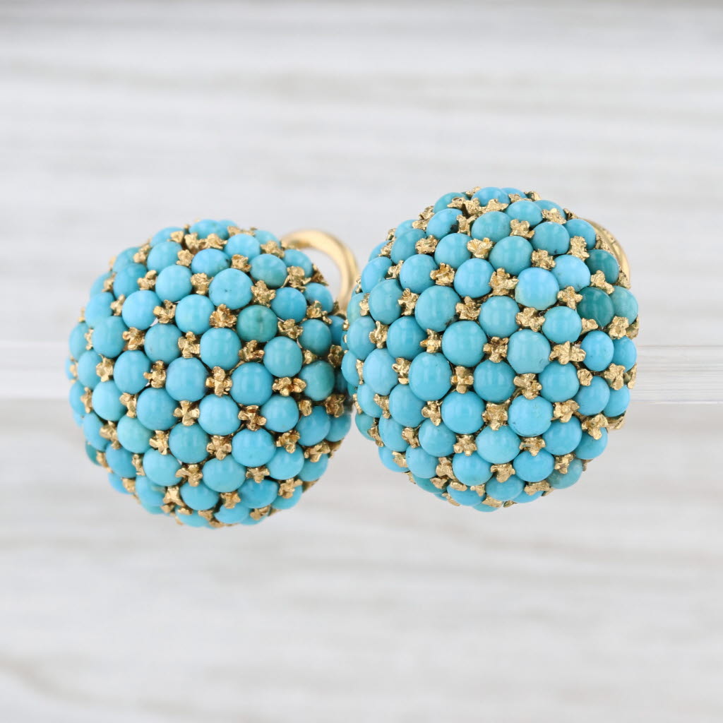 Vintage Turquoise Bead Cluster Button Stud Earrings 18k Yellow Gold Clip On