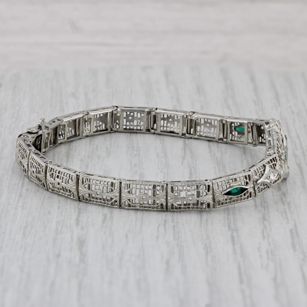 Gray Art Deco Diamond Imitation Emerald Filigree Bracelet 14k White Gold 7"