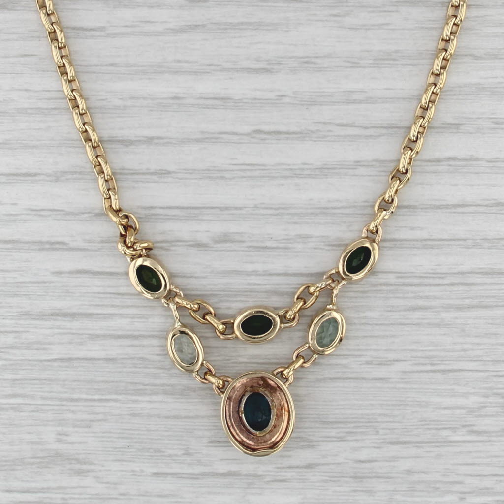 Blue Topaz Green Tourmaline Lariat Necklace 18k 14k Gold 18.25" Cable Chain