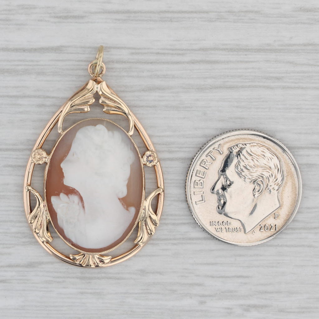 Gray Carved Shell Figural Cameo Pendant 10k Yellow Gold Vintage Floral