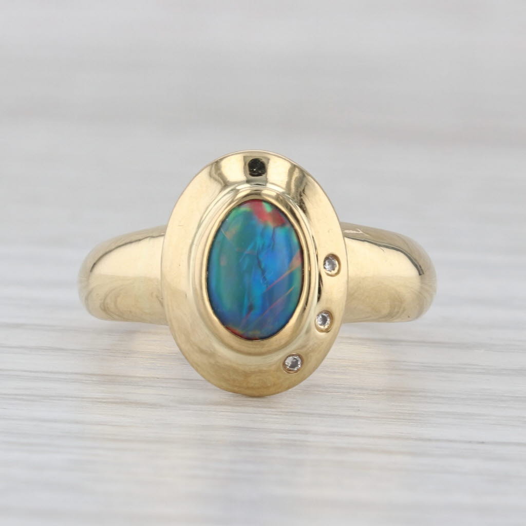Multicolor Opal Doublet Ring 18k Yellow Gold Oval Cabochon Diamond Accents Sz 7