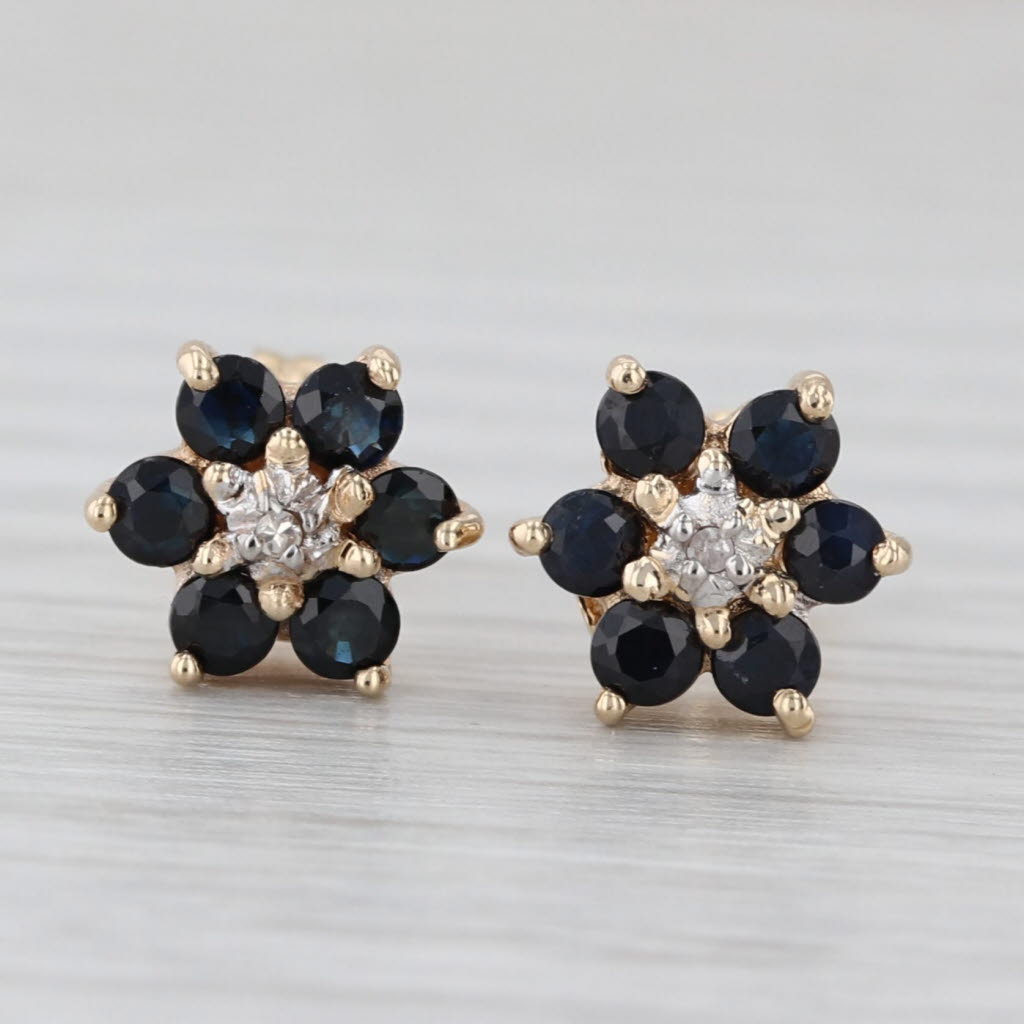 0.60ctw Blue Sapphire Flower Stud Earrings 10k Yellow Gold Floral Studs