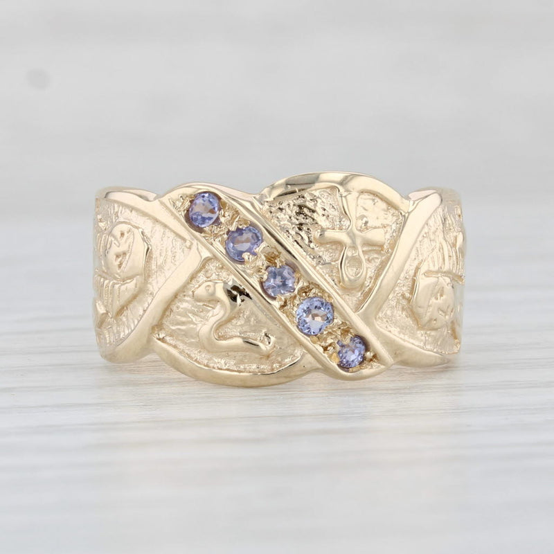 Light Gray 0.18ctw Tanzanite Egyptian Themed Ring 14k Yellow Gold Size 7.75 Figural Vintage