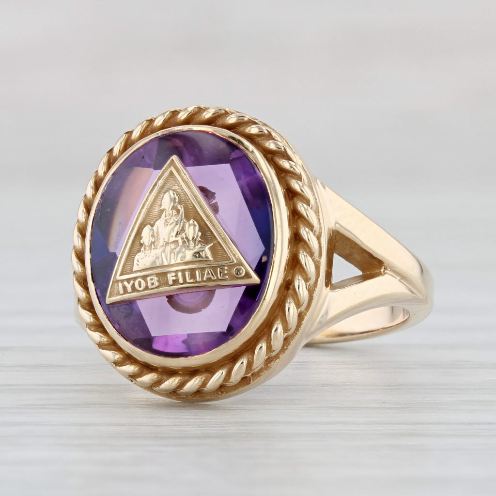 Light Gray Job's Daughters Signet Ring Lab Created Purple Sapphire 10k Gold Size 6.75