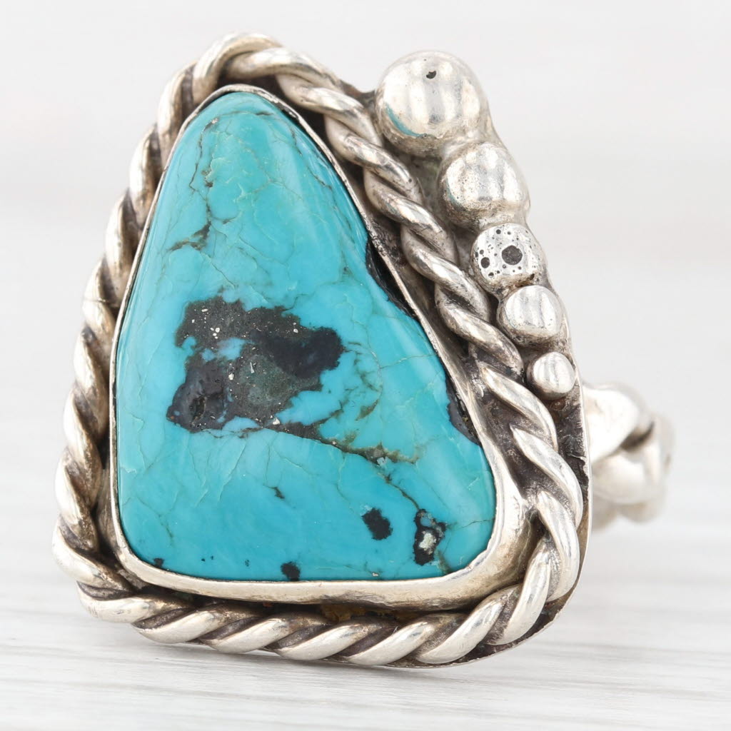 Slate Gray Vintage Native American Turquoise Cabochon Ring Sterling Silver Signed Size 8