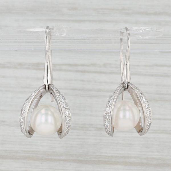 Light Gray Cultured Pearl Diamond Dangle Earrings 900 Platinum Hook Posts