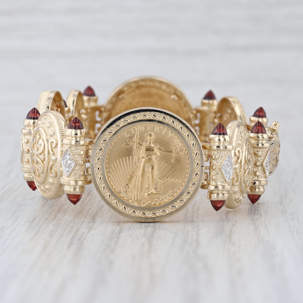 Garnet Diamond 2006 American Eagle Coin Bracelet 14k Gold 900 Gold 7" 1/10oz $5