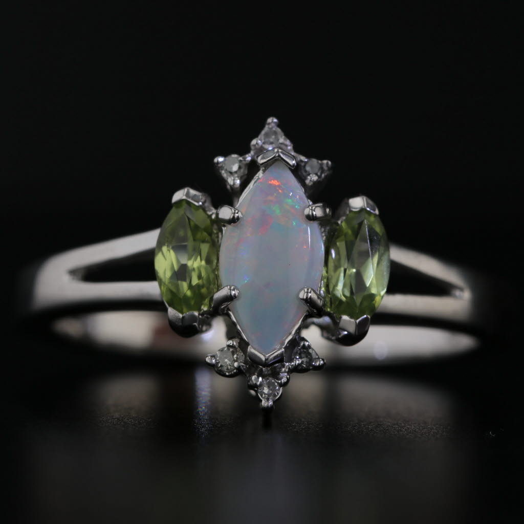 Black Opal Peridot Diamond Ring 14k White Gold Size 7 Marquise Cabochon