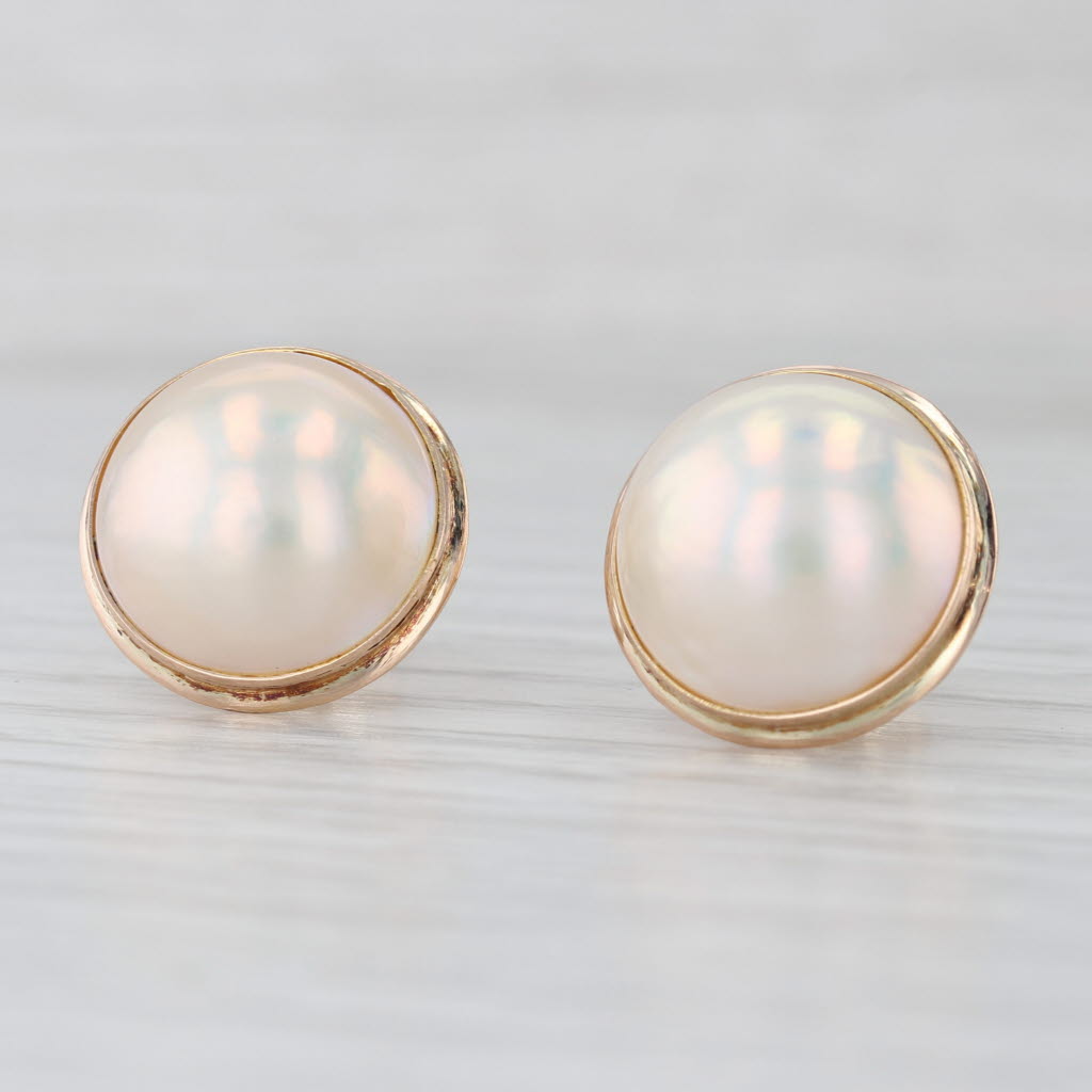 Mabe Pearl Button Stud Earrings 14k Yellow Gold Round Studs