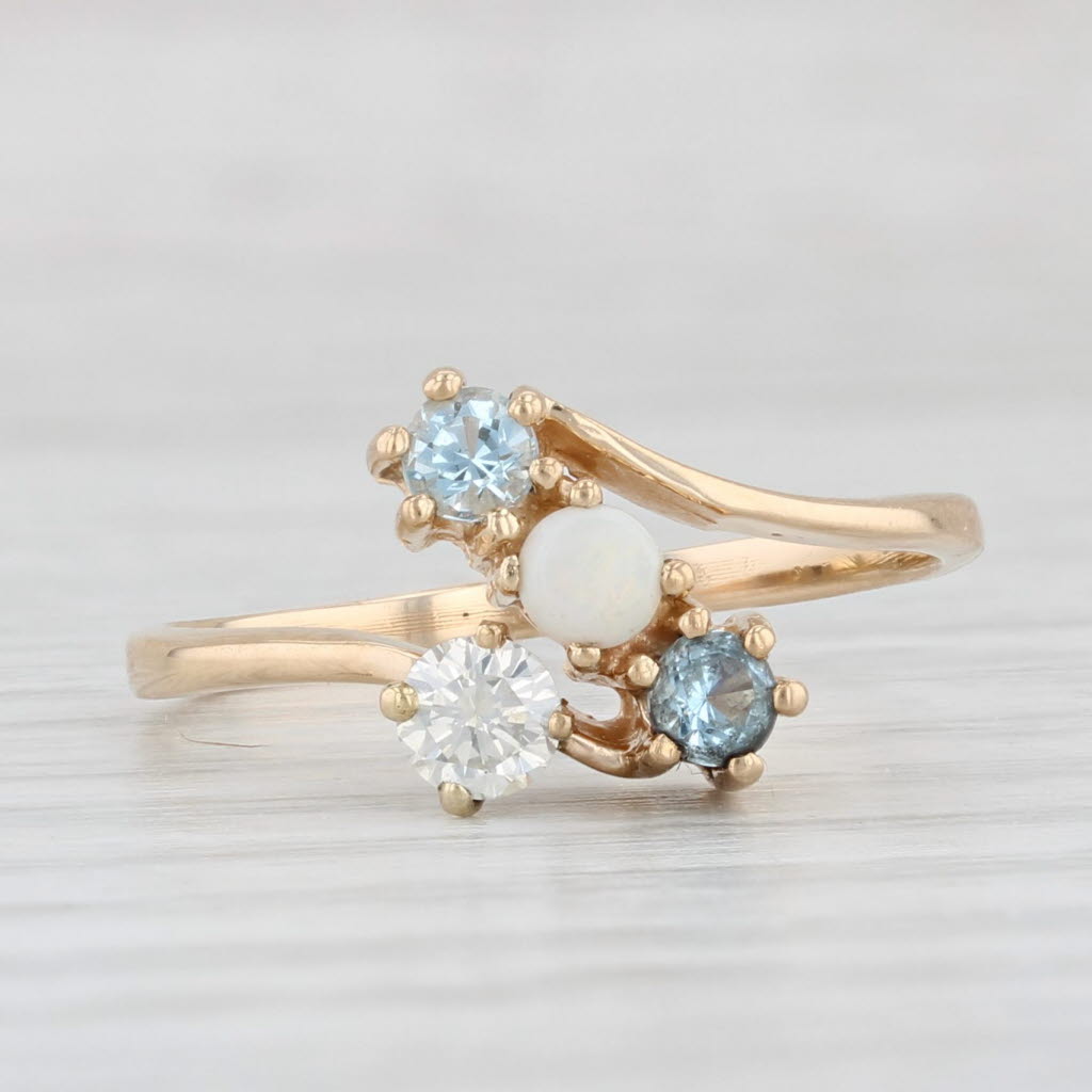 Light Gray Opal Diamond Aquamarine Cluster Ring 14k Yellow Gold Size 7.5