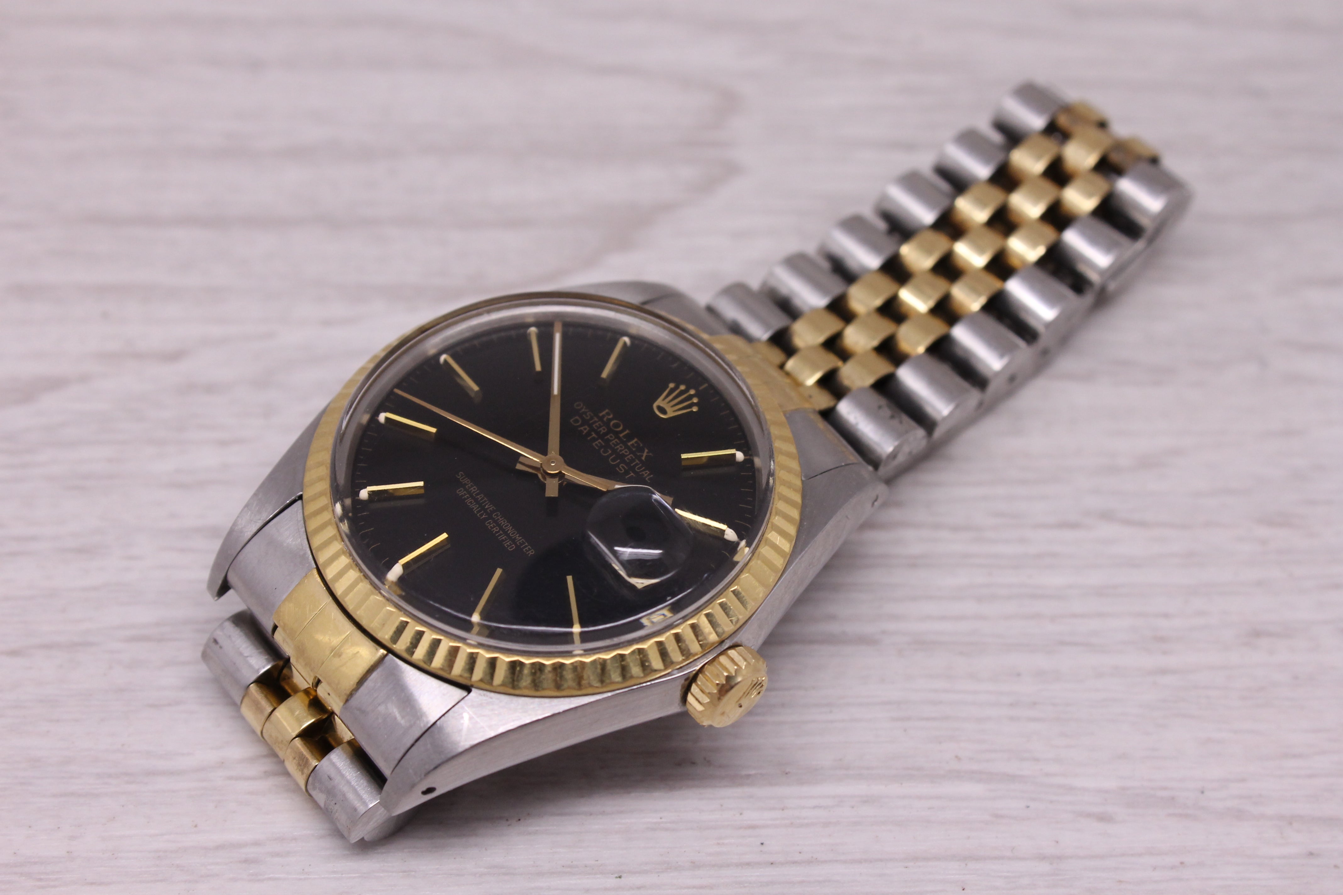 Vintage 1986 Rolex Datejust 16013 Mens Automatic 18k Steel Watch w Jubilee Black