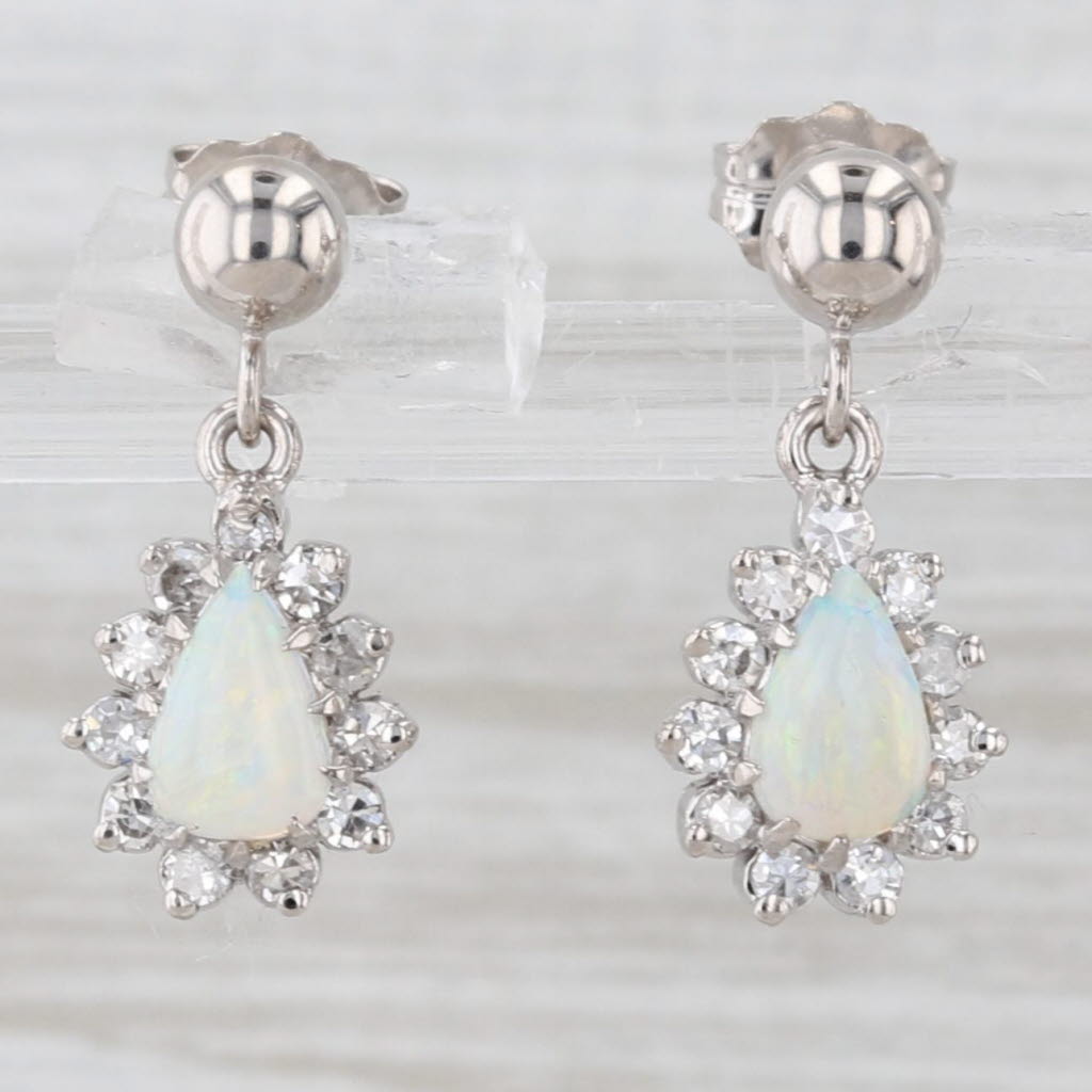 Light Gray Opal Diamond Halo Teardrop Earrings 14k White Gold Pierced Dangles