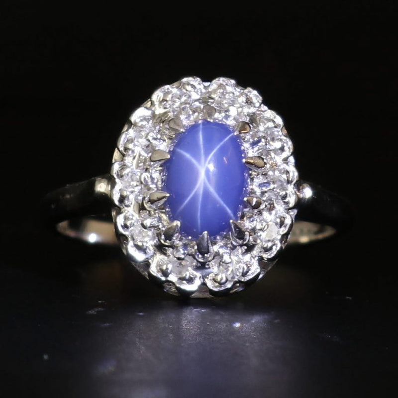 Black Linde Blue Ridge Star Lab Created Sapphire Diamond Halo Ring 14k Gold Size 5.75