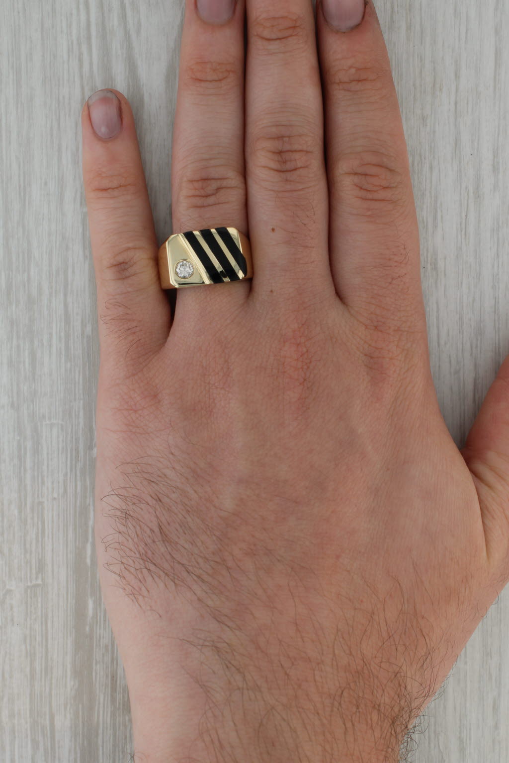 Dim Gray Onyx Striped Diamond Men’s Ring 14k Yellow Gold Size 10.75