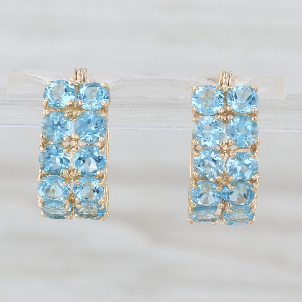 3.30ctw Blue Topaz Hoop Huggie Earrings 14k Yellow Gold Snap Top Round Hoops