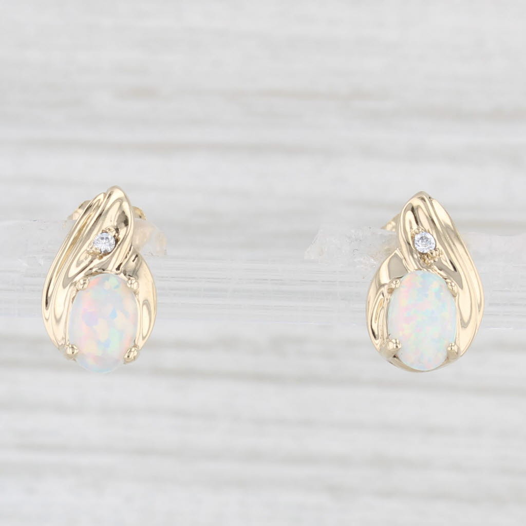 Light Gray Lab Created Oval Opal Cubic Zirconia Stud Earrings 10k Yellow Gold