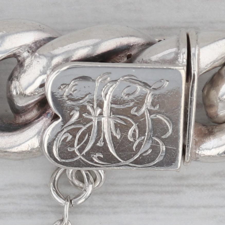 Gray Curb Chain Bracelet w/ Safety Chain 830 Silver Antique Monogrammed 7.5" 12.2mm