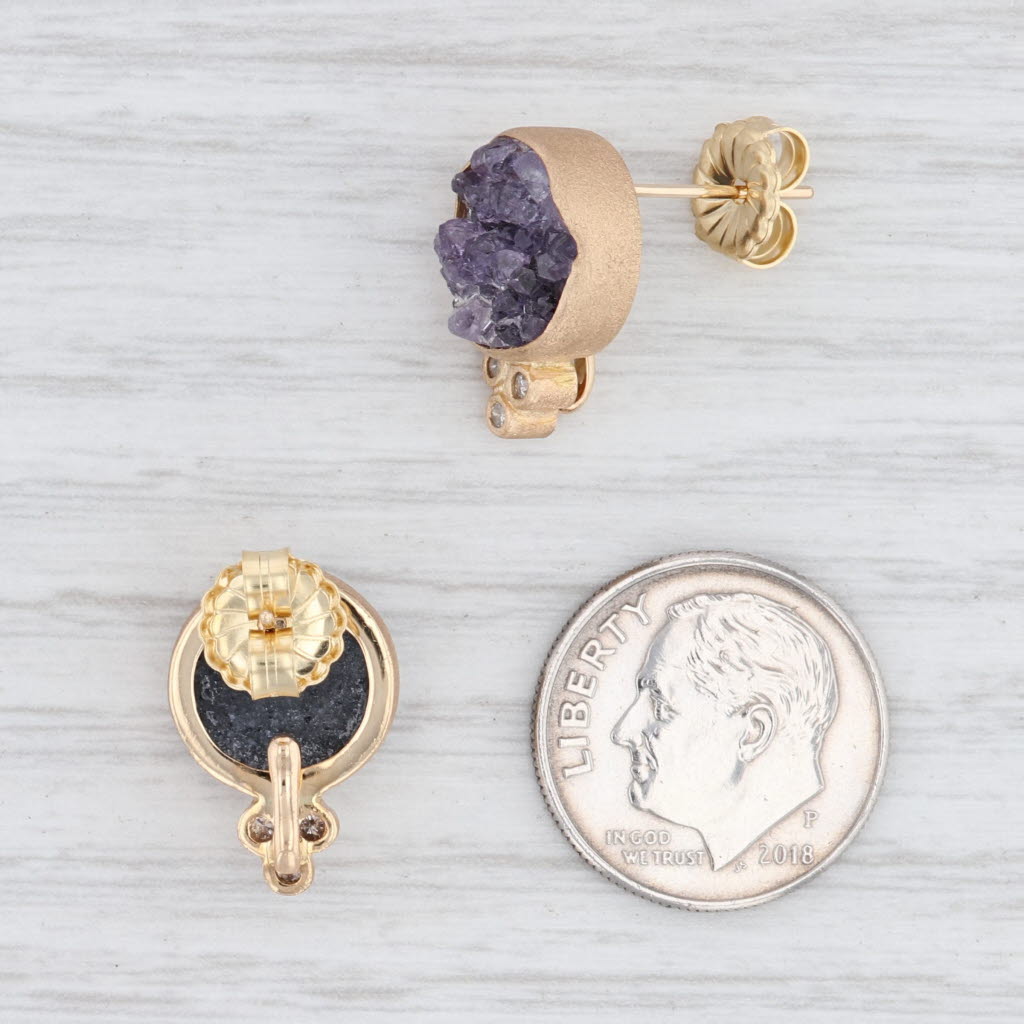 New Nina Wynn Amethyst Druzy Diamond Earrings 18k Yellow Gold Studs
