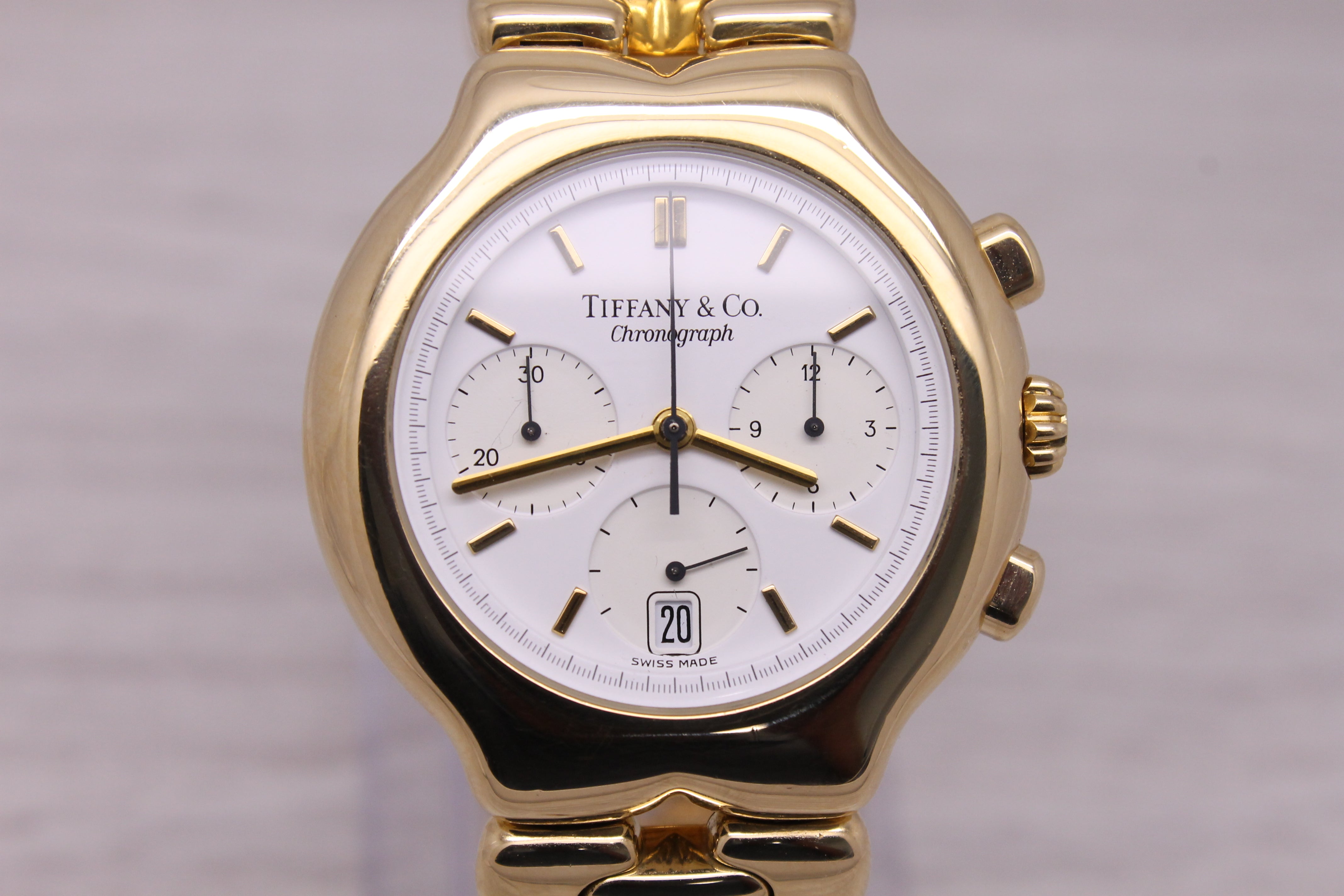 Dark Gray Tiffany & Co Tesoro Mens 18k Yellow Gold Heavy Quartz Chronograph Watch w/ Box