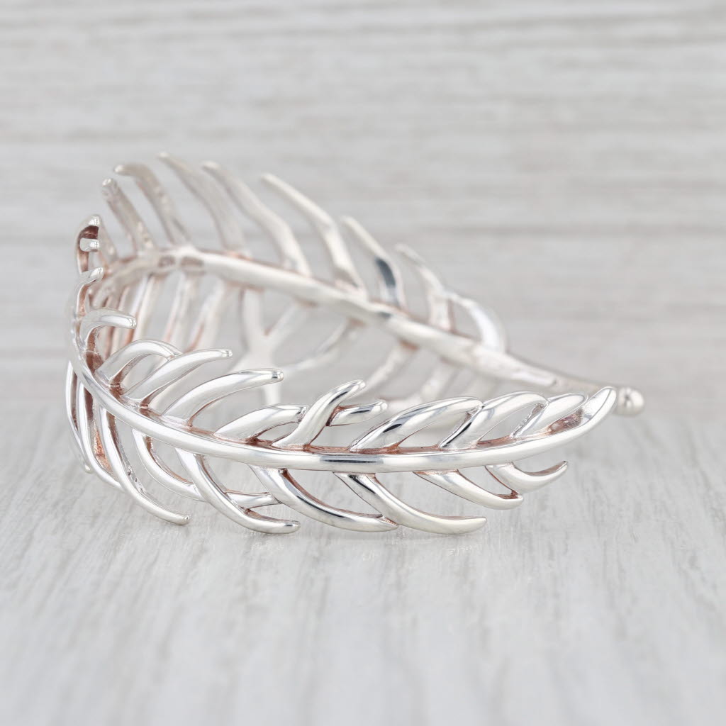 Feather Style Cuff Bracelet Sterling Silver Statement 7" 26.3mm