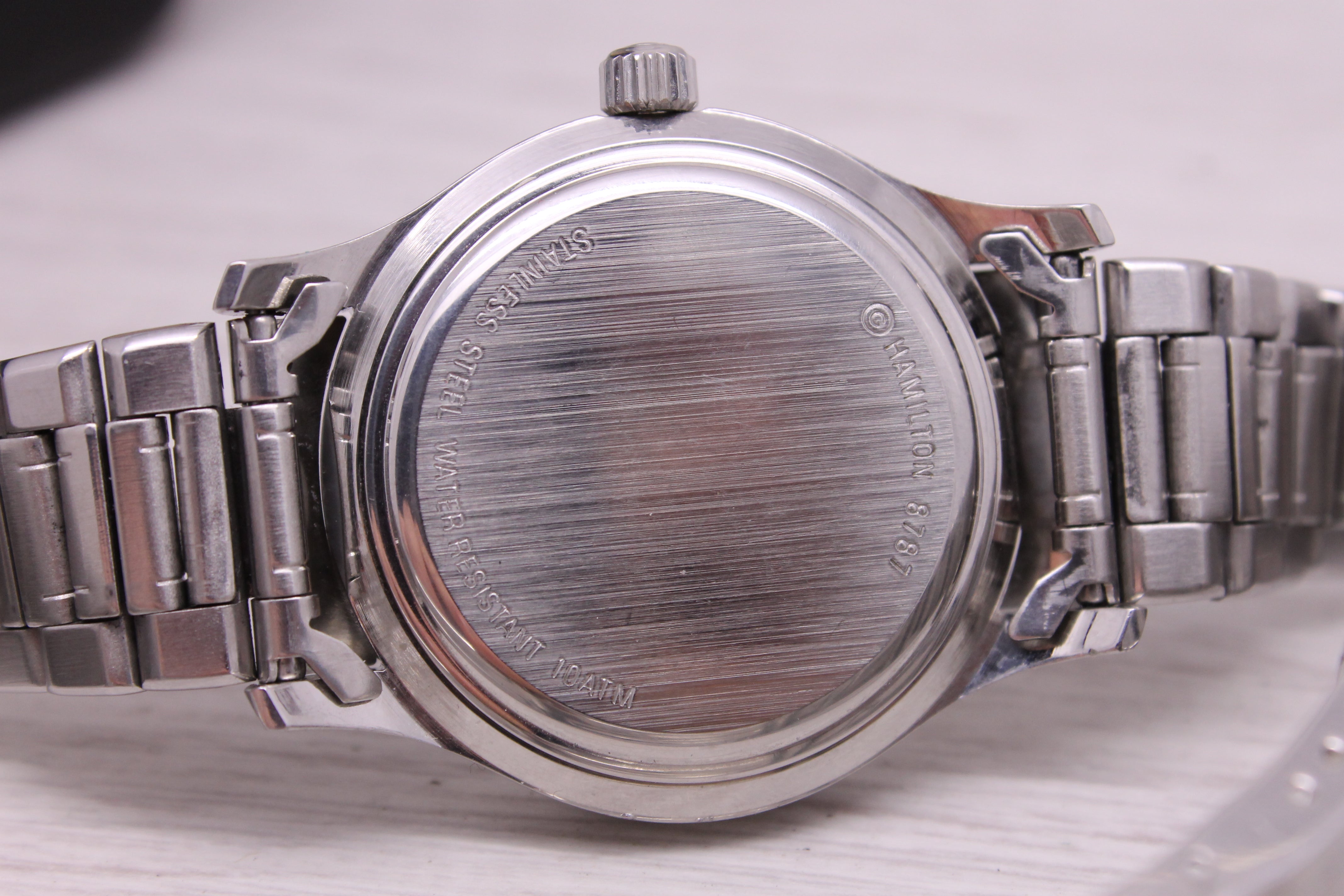 Dark Gray Vintage 1980’s Hamilton ref.8787 36mm Stainless Steel Mens Quartz Watch w Box