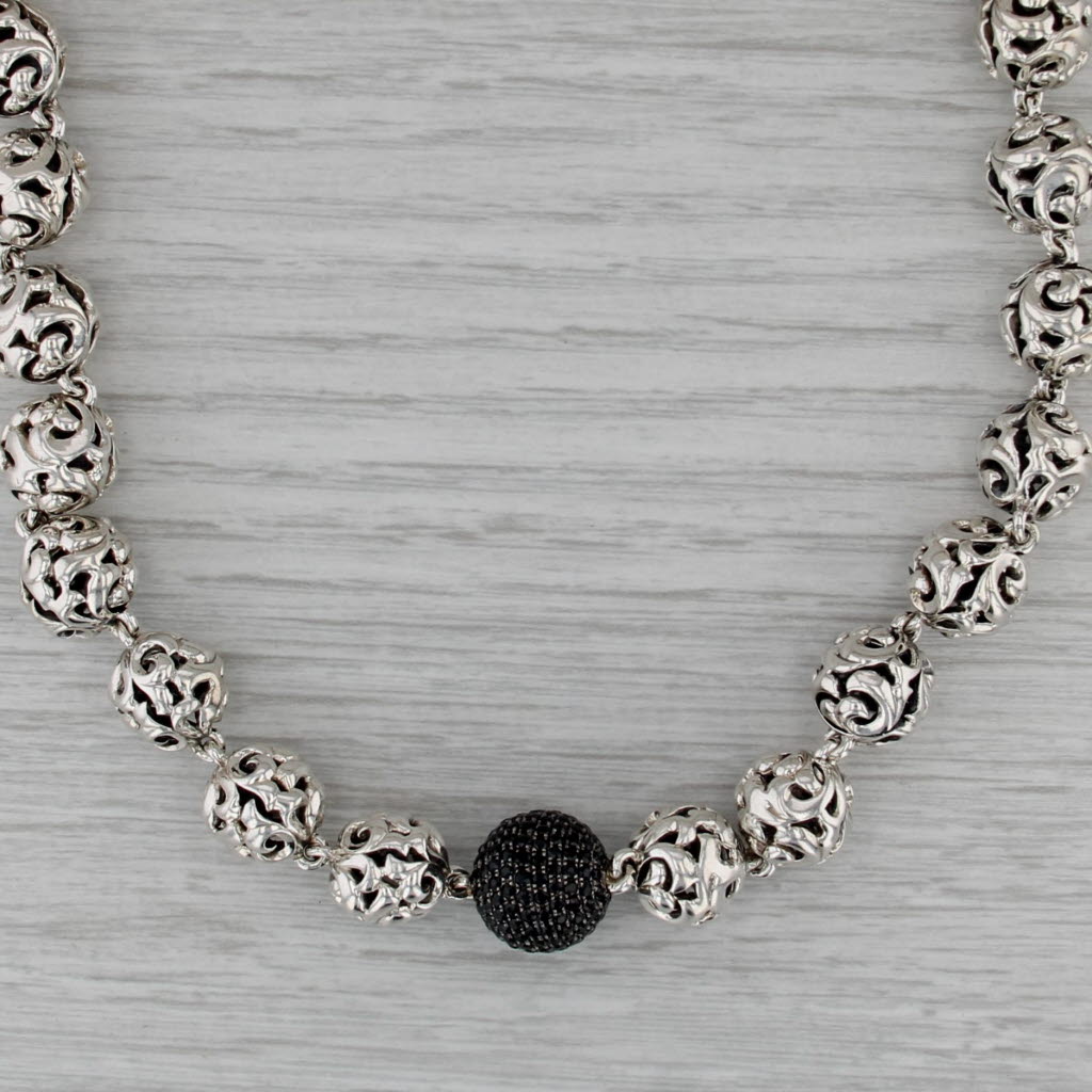 Krypell 2.94ctw Black Sapphire Ornate Openwork Bead Necklace Sterling Silver 18"