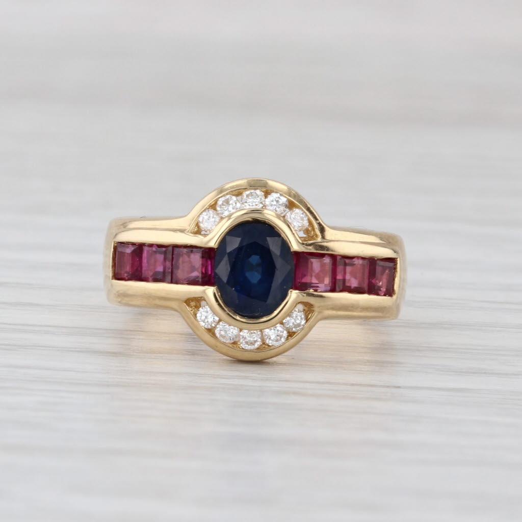1.92ctw Blue Sapphire Ruby Diamond Ring 18k Yellow Gold Size 6